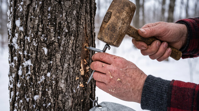 Farmer tapping maple tree with metal spile and wooden mallet in winter forest