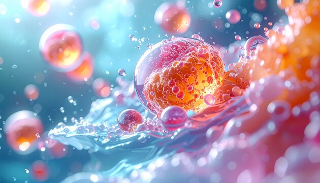 Microscopic view of vibrant cells and cellular division in a fluid environment representing life and health