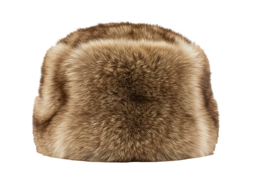 Furry brown and beige trapper hat with ear flaps in a front view isolated white background