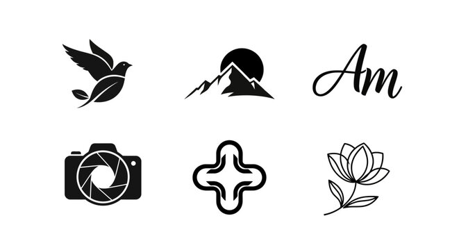 Set of black and white vector icons featuring a bird mountains camera flower monogram and cross symbol with displays collection six plain white background