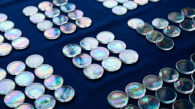 Arranged iridescent glass cabochons in rows on blue textile surface