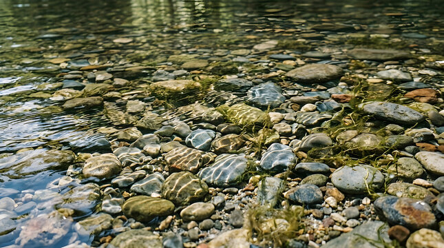 Clear shallow river water flowing over smooth multicolored pebbles and stones