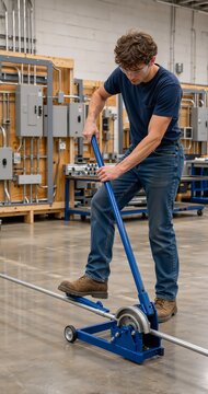 Young man learning to bend electrical conduit with training tool
