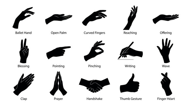 Collection of hand gestures and mudras in black silhouette style on a white background for design projects