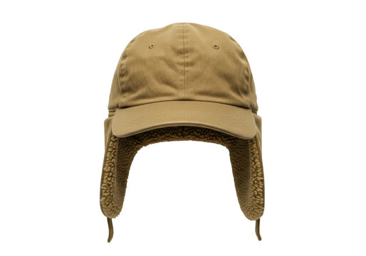 Khaki canvas trapper hat with faux fur ear flaps and adjustable chin straps isolated white background