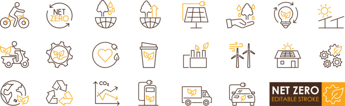 Net zero icon set featuring renewable energy, solar panel, wind turbine, electric vehicle, recycling, energy efficiency, and sustainable home