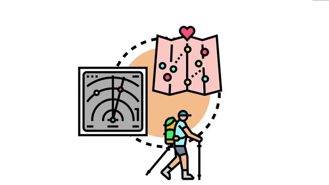 Backpacker icon exploring new places, navigating with a map and location marker, symbolizing discovery, adventure, journey, and the excitement of finding a new travel destination