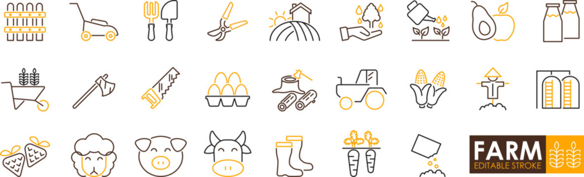 Farm equipment and animal icons including tractor, eggs, vegetables, tools, and dairy products for agriculture and farming concepts