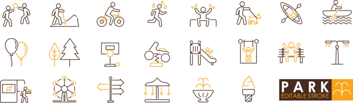 Park and Recreation Activities Icon Set - Outdoor Sports, Fitness, Entertainment Vector Illustrations