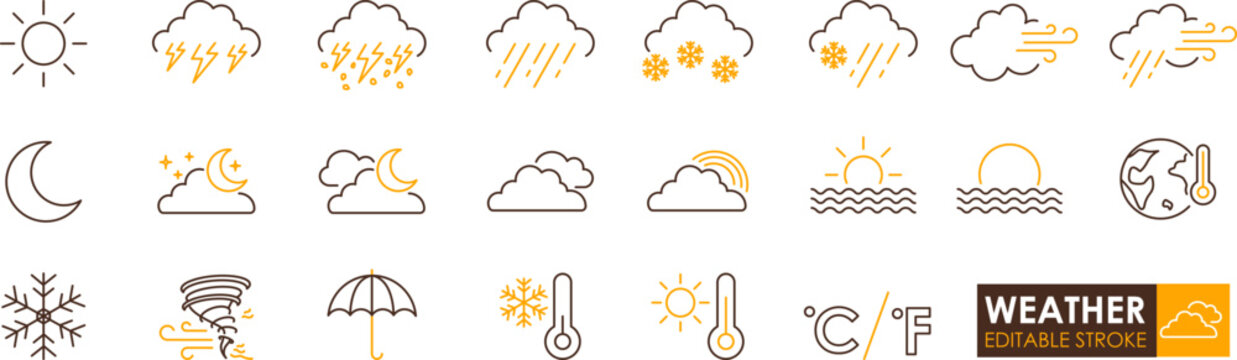 Vector set of weather line icons including sun, cloud, rain, snow, thunderstorm, and moon