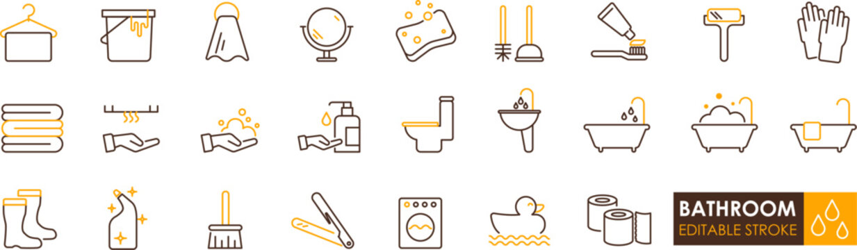 Bathroom cleaning and hygiene icons set including towel mop gloves soap toilet sink bathtub and other bathroom essentials for daily care