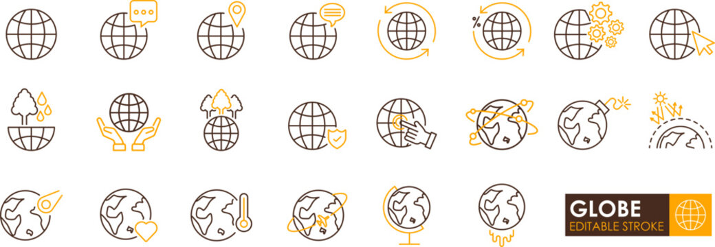 Globe icon set with editable stroke, including communication, location, protection, environment, and global concepts in simple line style