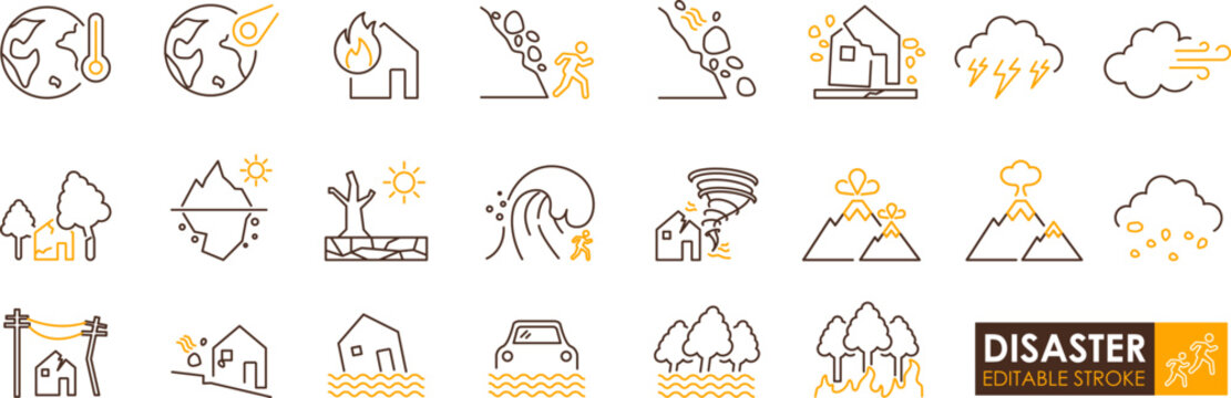 Disaster icons set including earthquake meteor fire landslide flood storm tornado volcano eruption and lightning symbols for emergency awareness