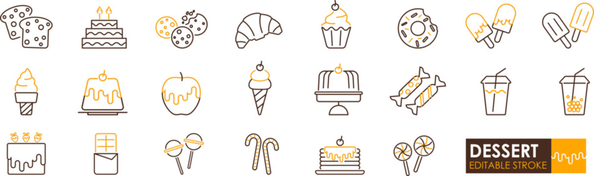 Dessert icon set includes cake cookie croissant cupcake donut ice cream pudding candy and drink illustrations in simple line style