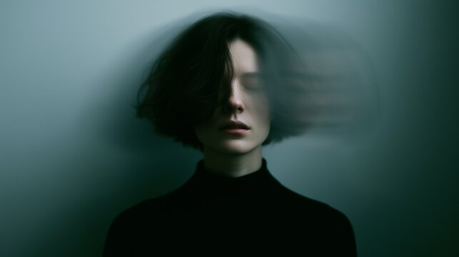 Creative photo of a woman with motion blur, expressing artistic emotion and introspection in a minimalist setting.