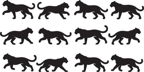 Obraz premium Black and White Silhouette Leopard Print Running Cats Motion Sequence Vector Illustration for Design Projects