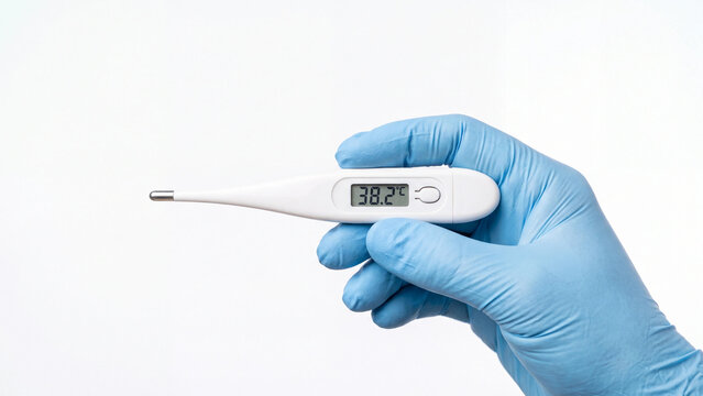Digital Thermometer Background for Healthcare Marketing with Gloved Hand and Fever Temperature Display