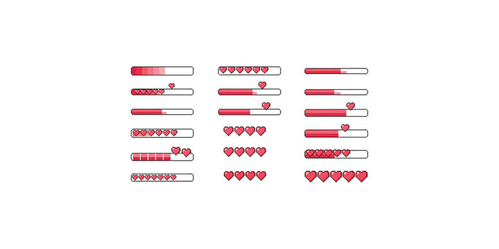 Pixel art health bars and heart icons set for video game user interface design assets.