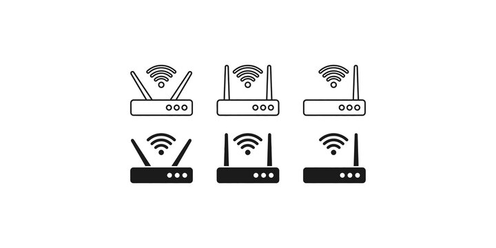 Network router wireless communication icons set with connectivity signal waves for office infrastructure and web interface design.