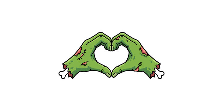 Zombie hands heart gesture illustration with undead green skin and bone detail for horror themes.