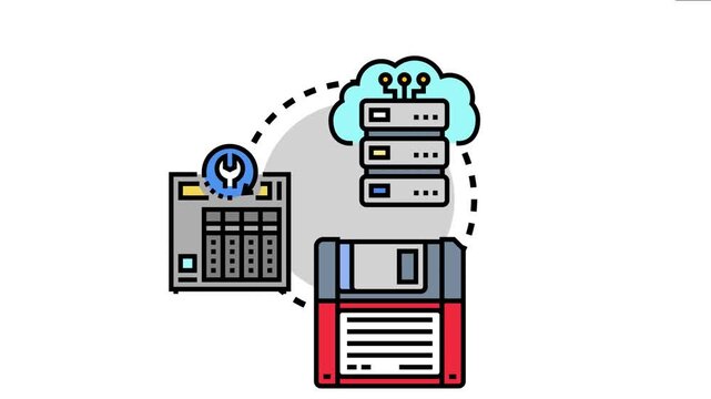 Data backup storage process showing cloud computing, server rack, and floppy disk symbolizing modern and traditional methods of secure information saving