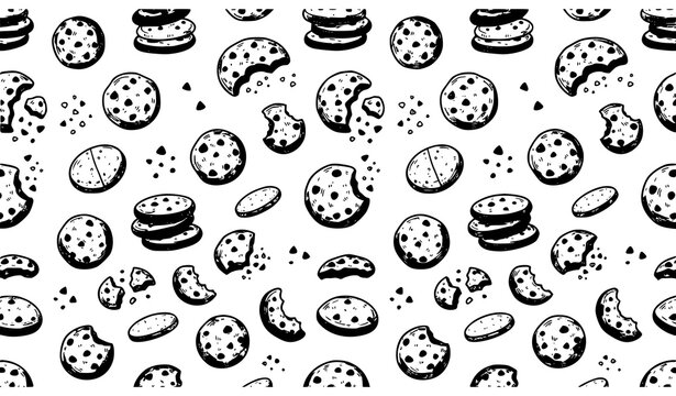 Chocolate Chip Cookies Seamless Doodle Pattern with Hand Drawn Biscuits and Sweet Bakery Elements