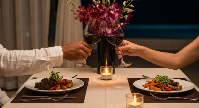 Romantic dinner for two. Couple toasting with red wine at a restaurant. Date night.
