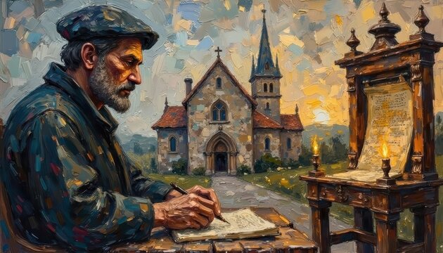 Elderly Man Writing at a Wooden Desk in Front of a Church During Sunset