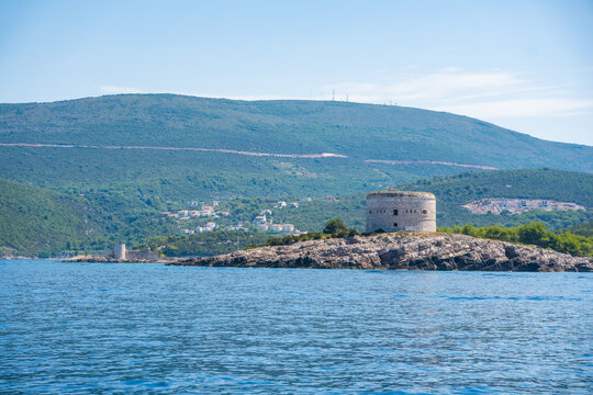 Historic Arza Fortress on the Lustica Peninsula in Montenegro on the Adriatic Sea. Military architecture overlooking the Bay of Kotor and protecting the coastal entrance.
