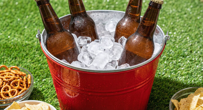 Bottles chilling in ice bucket on grass