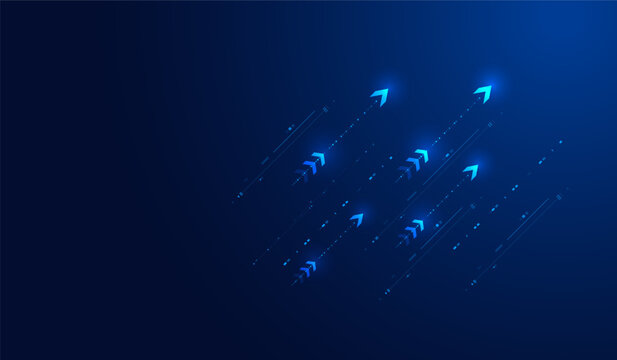 Business growth strategy background with rising moving arrows and future technology innovation isolated on blue vector background