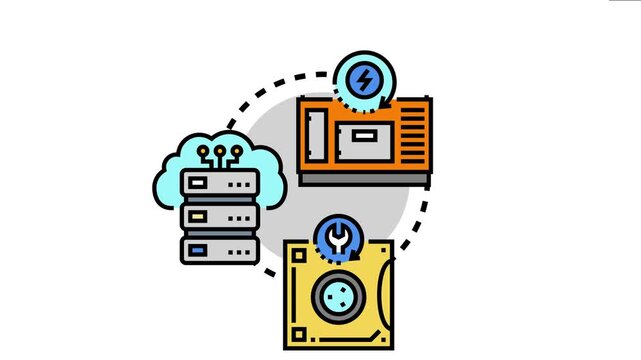 Backup supply system ensuring data protection, providing power and maintenance for server infrastructure, cloud computing, and reliable storage in a cyclical process