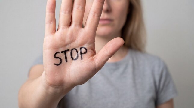 Woman showing stop sign on hand against abuse