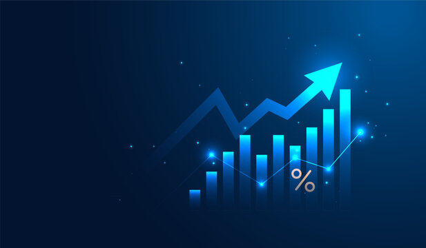 Blue rising arrow graph and chart for business finance with growth financial success isolated on vector background