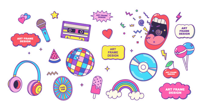 Bright retro pattern with music and summer elements
fun pop Art design. Colorful 80s 90s, 2000s style icon set: Music, sweets, and joy, retro vibes. Creative collection with pop culture musical 