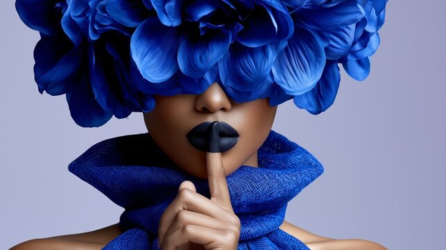 Elegant woman with blue floral headpiece and lipstick, finger to lips in a quiet gesture, on soft background.