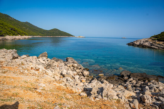 Soline Channel connecting Veliko Jezero in Mljet National Park with the Adriatic Sea on Mljet Island Croatia. Unique coastal landscape where saltwater lake meets the open sea.