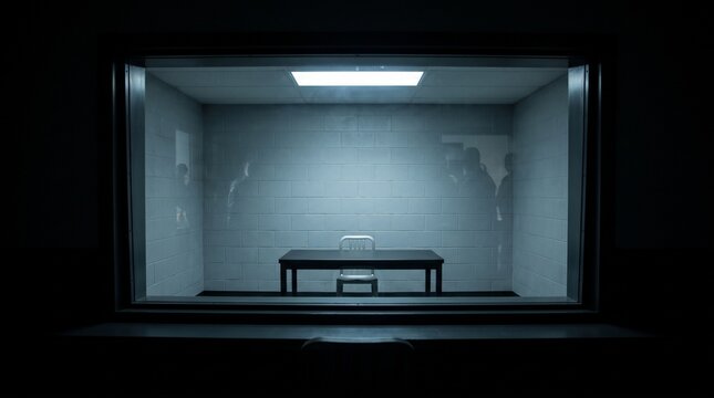 Empty Police Interrogation Room With One Way Glass