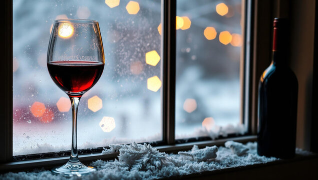 A glass of red wine and a bottle on a snowy windowsill with blurred bokeh lights in the background, creating a cozy winter evening atmosphere
