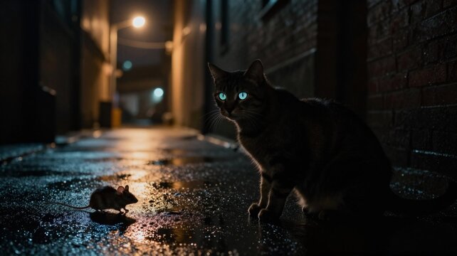 Cat watching mouse in alley at night