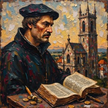 Vintage Painter Portrait of a Man Reading Book with Church in Background, Oil Painting Style