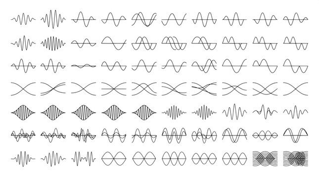 Set of sound wave and frequency audio signal line vector icons with wave icon
