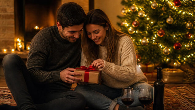 Happy young couple sitting on the floor in front of a christmas tree and fireplace, opening a gift together while enjoying a glass of red wine at home