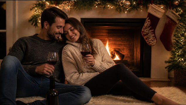 Happy couple sitting on a rug by a cozy fireplace with glasses of red wine during a romantic christmas evening at home