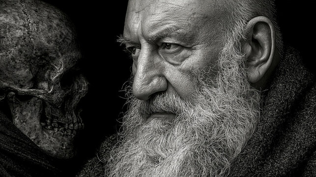 Black and white image , close up old scienctsit is on the right side and skull graphic is on the left side of image,  black background.