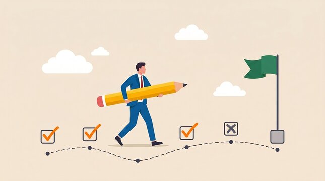 Businessman with giant pencil walking towards goal flag on dotted line with checkmarks