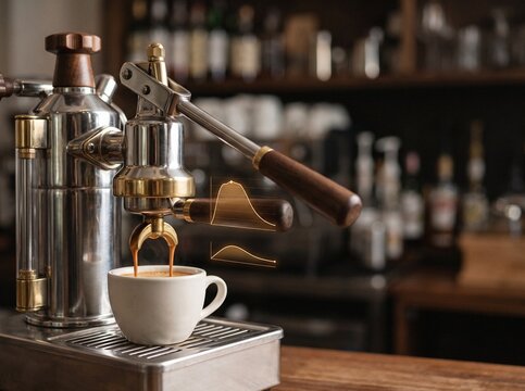 Lever espresso machine brewing rich espresso into ceramic cup with digital pressure curve graphic overlays