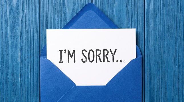 Apology card reading I'm Sorry inside a blue envelope on a wooden background