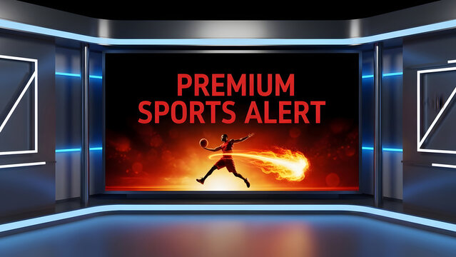 Premium Sports Alert television news broadcast studio, dynamic broadcast graphic template with fire trail athlete silhouette, modern sports media presentation background design