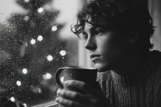 Lonely Teenager Looking Through Rainy Window at Christmas Lights in Black and White